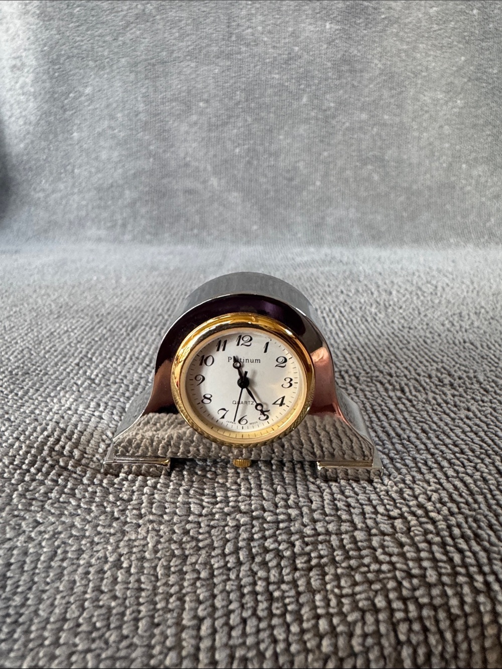 Vintage Miniature Quartz Mantel Clock Arched Silver and Gold Coloring